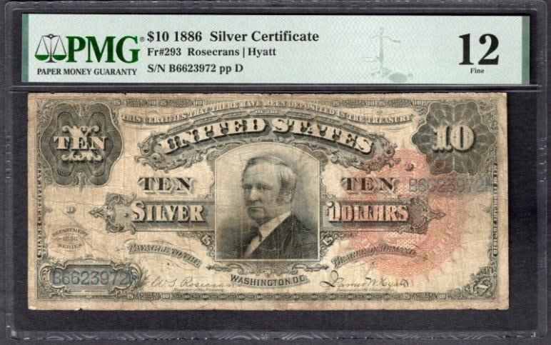 1886 $10 Tombstone Silver Certificate PMG 12: One 1886 $10 Tombstone Silver Certificate PMG 12.