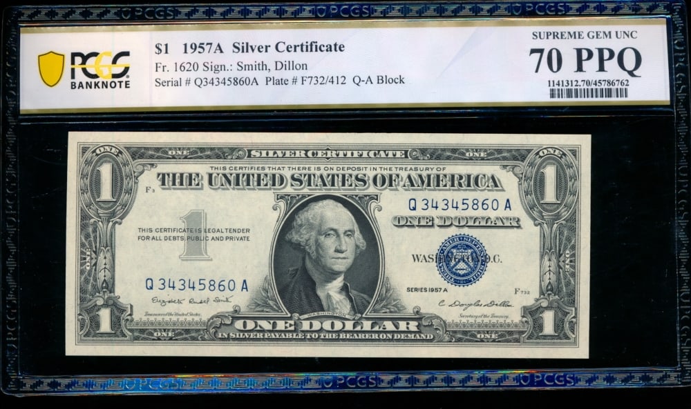 1957A $1 Silver Certificate PCGS 70PPQ: One 1957A $1 Silver Certificate PCGS 70PPQ.