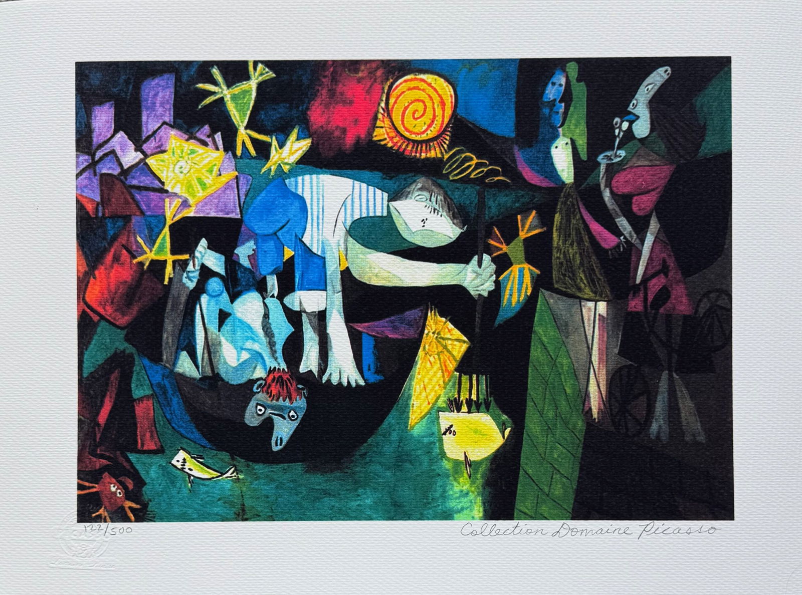 Pablo Picasso NIGHT FISHING AT ANTIBES Estate Signed Limited Edition Giclee: This is a PABLO PICASSO (ESTATE COLLECTION DOMAINE) (1881-1973) small giclee titled NIGHT FISHING AT ANTIBES. This piece is pencil signed on the lower right as Collection Domaine Picasso and has an em