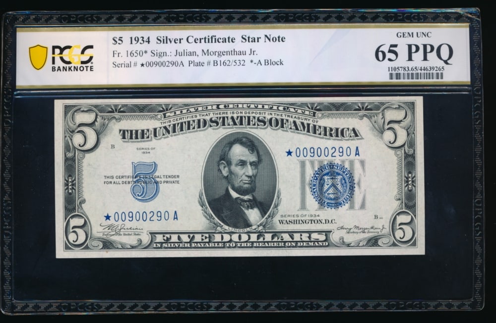 1934 $5 STAR Silver Certificate PCGS 65PPQ: One 1934 $5 STAR Silver Certificate PCGS 65PPQ.