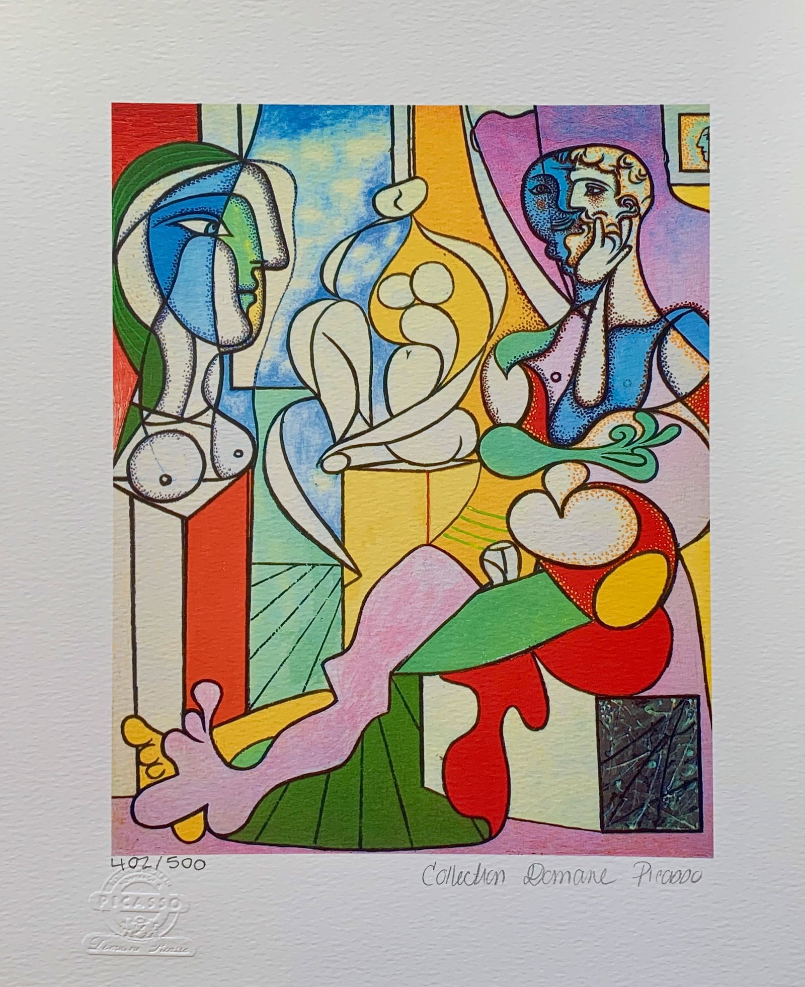 Pablo Picasso ARTIST WITH SCULPTURE Estate Signed Limited Edition Giclee: This is a PABLO PICASSO (ESTATE COLLECTION DOMAINE) (1881-1973) giclee titled ARTIST WITH SCULPTURE. This piece is hand pencil signed on the lower right as Collection Domaine Picasso and has an emboss