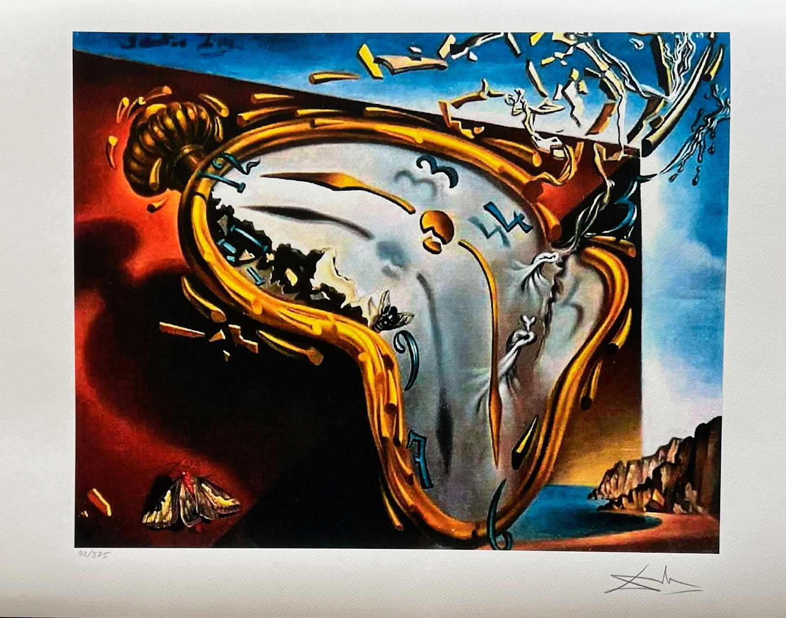Salvador Dali SOFT WATCH EXPLOSION Facsimile Signed Numbered Giclee: This is a limited edition giclee titled Soft Watch at The Moment of First Explosion by Salvador Dali. This piece is facsimile signed on the lower right. Pencil numbered from an edition of 375. Paper m