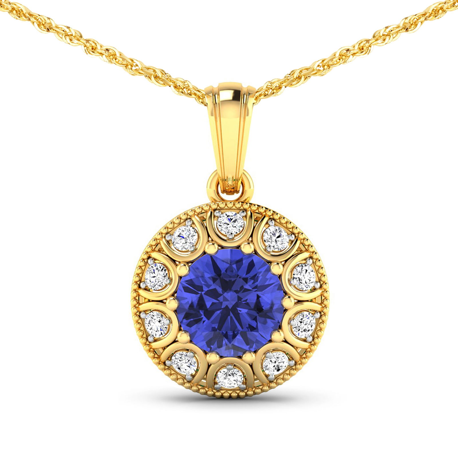 14KT Yellow Gold 2.02ctw Tanzanite and Diamond Pendant: Tanzanite (AA+) Round 8.00mm - 1Pc + White Diamond F/C Round 2.00mm - 10Pcs ( White Pan Rhodium ) ( SI-2/HI ) Total weight of gemstone is 2.02cts. Total Diamond weight is 0.3cts. Total weight of this