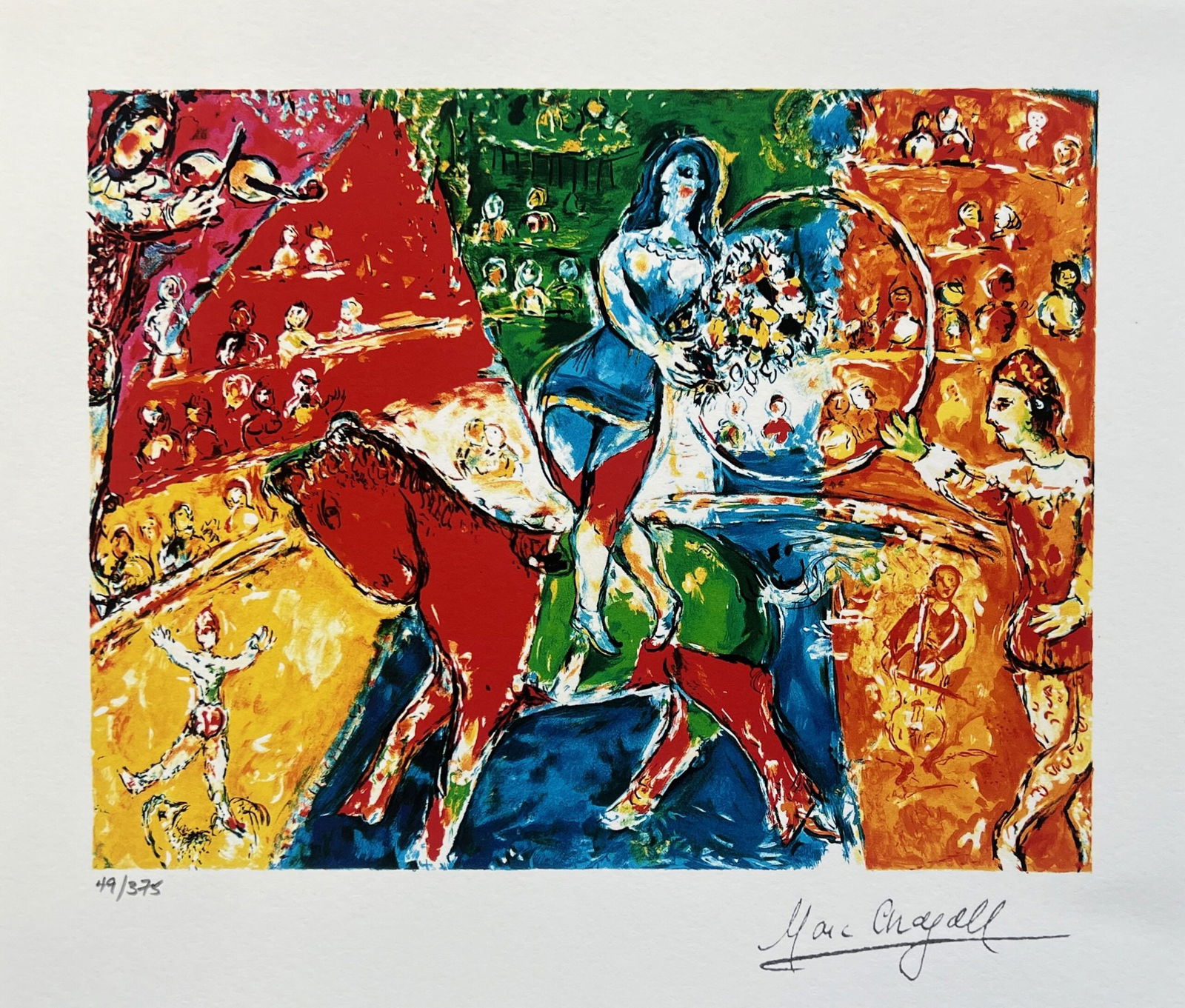Marc Chagall CIRCUS HORSE & RIDER Limited Edition Facsimile Signed Giclee: This is a Marc Chagall limited edition small giclee titled CIRCUS HORSE AND RIDER. This giclee is facsimile signed on the lower right and is pencil numbered on the lower left from an edition of 375. P
