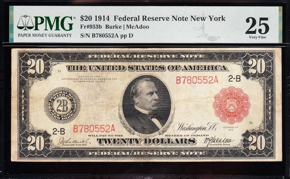 1914 $20 Red Seal New York FRN PMG 25: One 1914 $20 Red Seal New York FRN PMG 25.