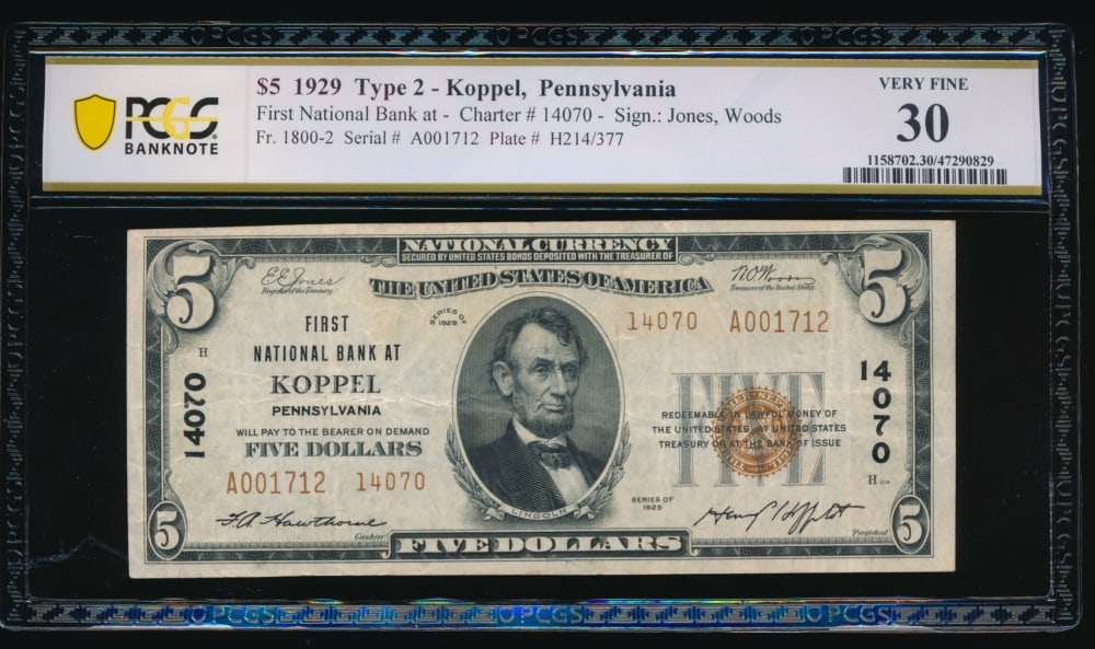 1929 $5 Koppel PA National PCGS 30 (1 of 2)