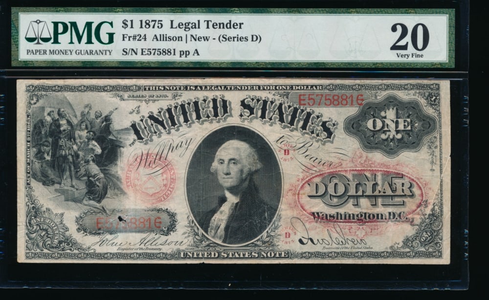 1875 $1 Legal Tender Note PMG 20: One 1875 $1 Legal Tender Note PMG 20.