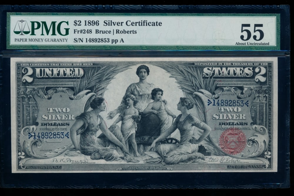 1896 $2 Educational Silver Certificate PMG 55: One 1896 $2 Educational Silver Certificate PMG 55.