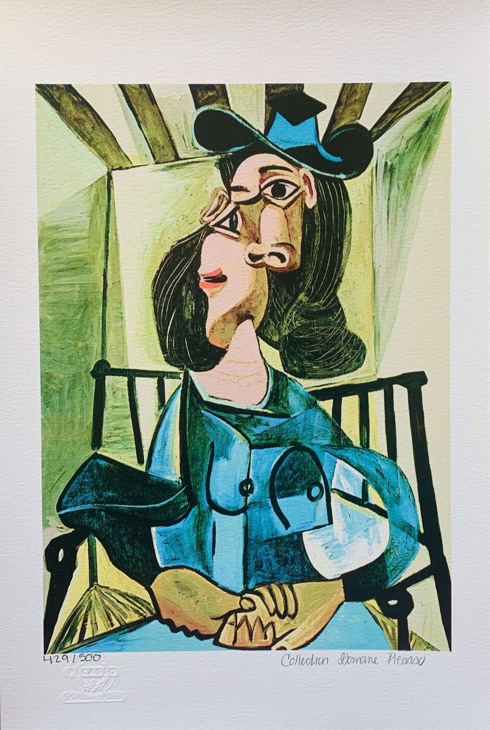 Pablo Picasso SEATED WOMAN WITH HAT Estate Signed Limited Edition Giclee: This is a PABLO PICASSO (ESTATE COLLECTION DOMAINE) (1881-1973) small giclee titled WOMAN WITH A HAT SEATED IN ARMCHAIR This piece is pencil signed on the lower right as Collection Domaine Picasso and