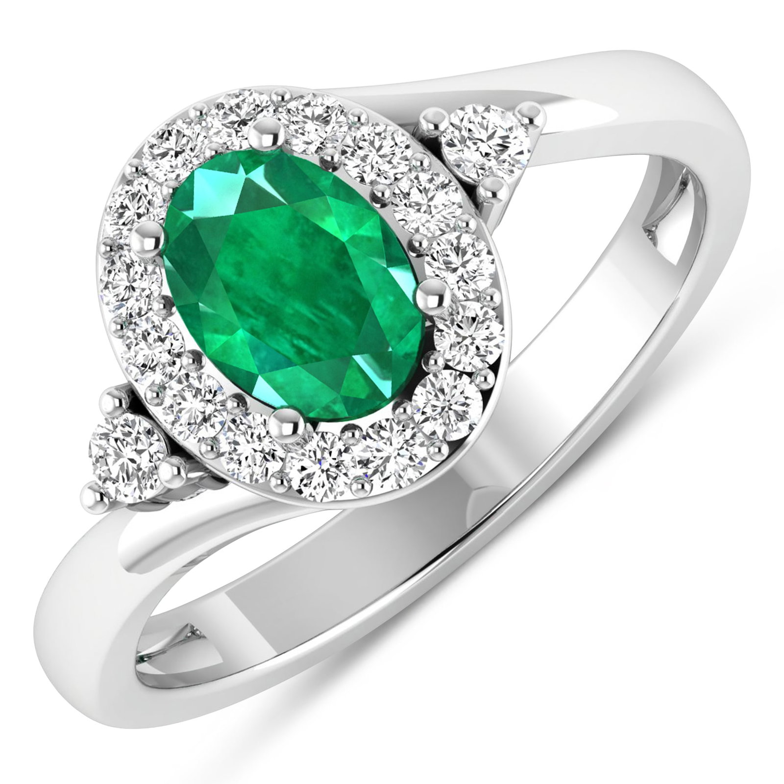 14KT White Gold 0.56ctw Zambian Emerald and Diamond Ring: Zambian Emerald (AA) Oval 7x5mm - 1Pc + White Diamond F/C Round 2.00mm - 2Pcs + White Diamond F/C Round 1.50mm - 15Pcs ( I1-I2/I color ) Total weight of gemstone is 0.56cts. Total Diamond weight is 0.