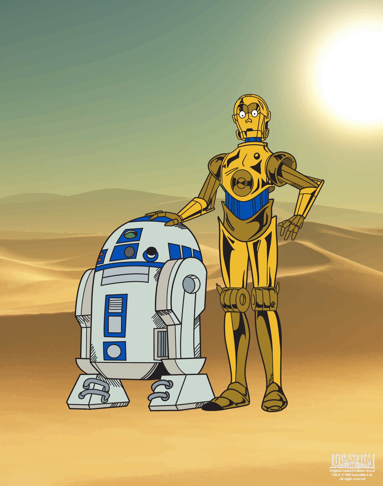 STAR WARS Droids R2-D2 and C-3PO Sericel Animation Art: This is a rare sericel from the 1985 animated series Star Wars Droids: The Adventures of R2-D2 and C-3PO. This Cel measures 11 inches x 14 inches, comes unframed, in excellent condition. This cel bear