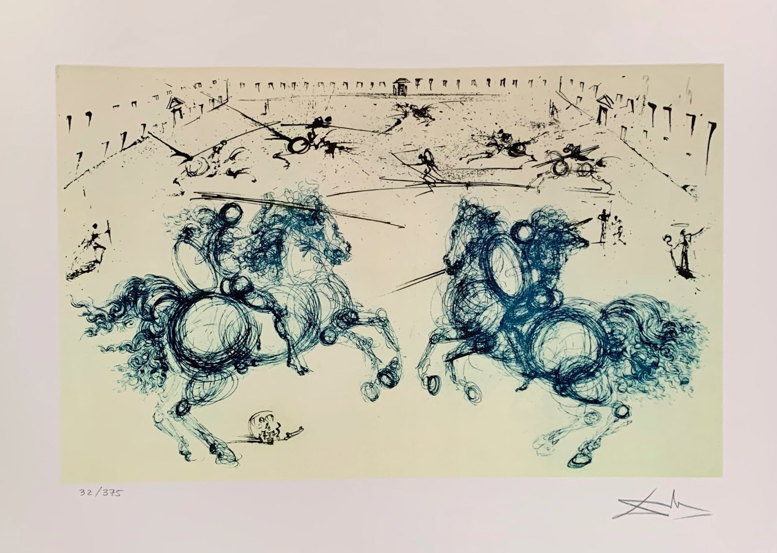 Salvador Dali COMBAT DE CHEVALIERS Facsimile Signed Limited Edition Giclee: This is a limited edition giclee titled COMBAT DE CHEVALIERS by Salvador Dali. This piece is facsimile signed on the lower right. Pencil numbered from an edition of 375. Paper measures 12 inches x 16