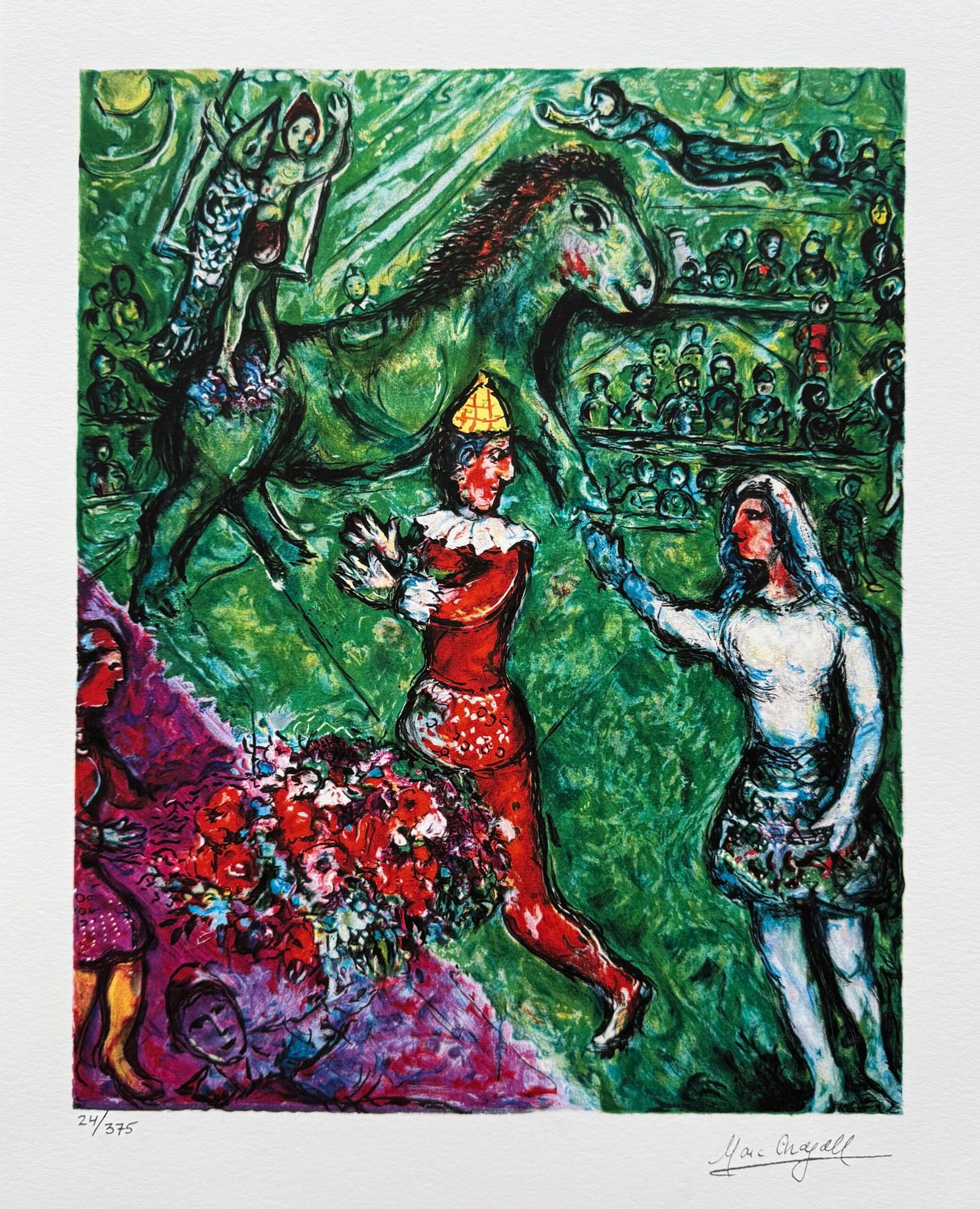 Marc Chagall CIRCUS VERDE Facsimile Signed Limited Edition Giclee: This is a Marc Chagall limited edition small giclee titled CIRCUS VERDE. This giclee is facsimile signed on the lower right and is pencil numbered on the lower left from an edition of 375. Paper measu