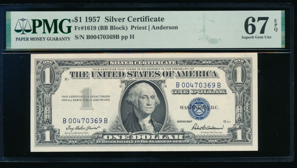 1957 $1 Silver Certificate PMG 67EPQ: One 1957 $1 Silver Certificate PMG 67EPQ.