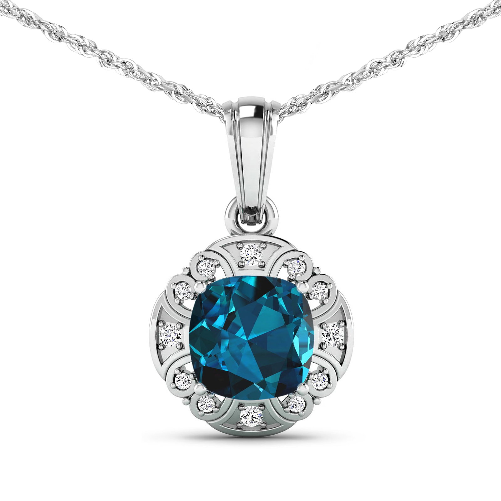 14KT White Gold 2.15ctw London Blue Topaz and Diamond Pendant: London Blue Topaz Cushion 8.00mm - 1Pc + White Diamond F/C Round 1.50mm - 4Pcs + White Diamond F/C Round 1.00mm - 8Pcs ( SI-2/HI ) Total weight of gemstone is 2.15cts. Total Diamond weight is 0.09cts.