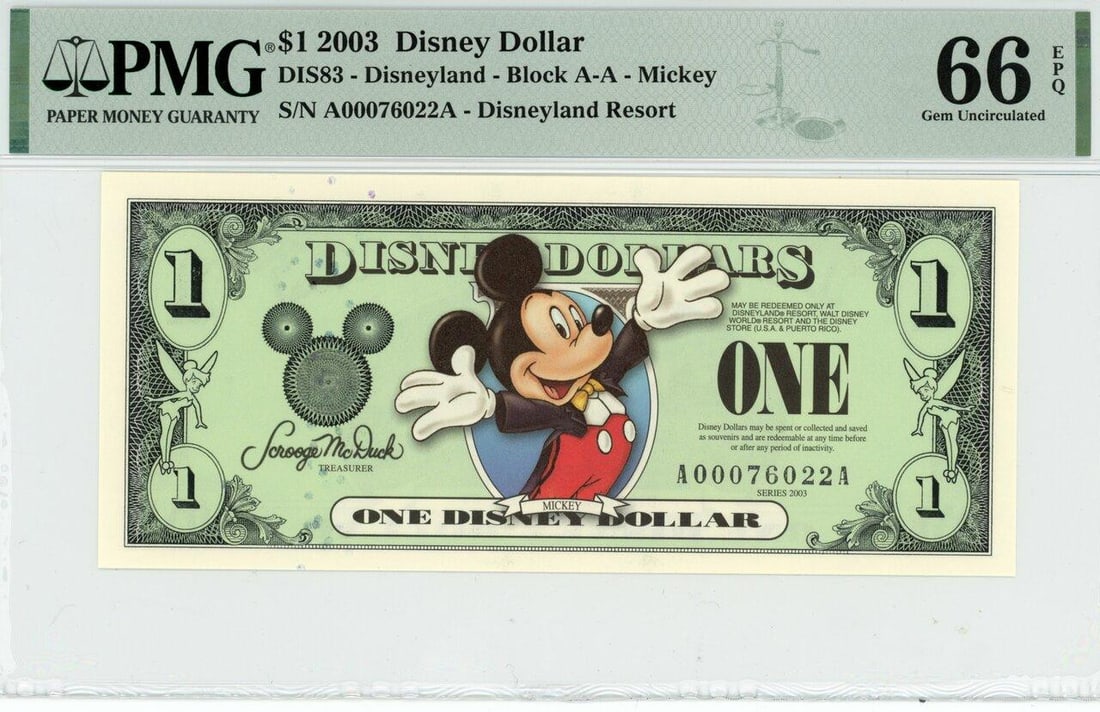 2003 $1 Mickey Disney Dollar PMG 66EPQ: One 2003 $1 Mickey Disney Dollar PMG 66EPQ.