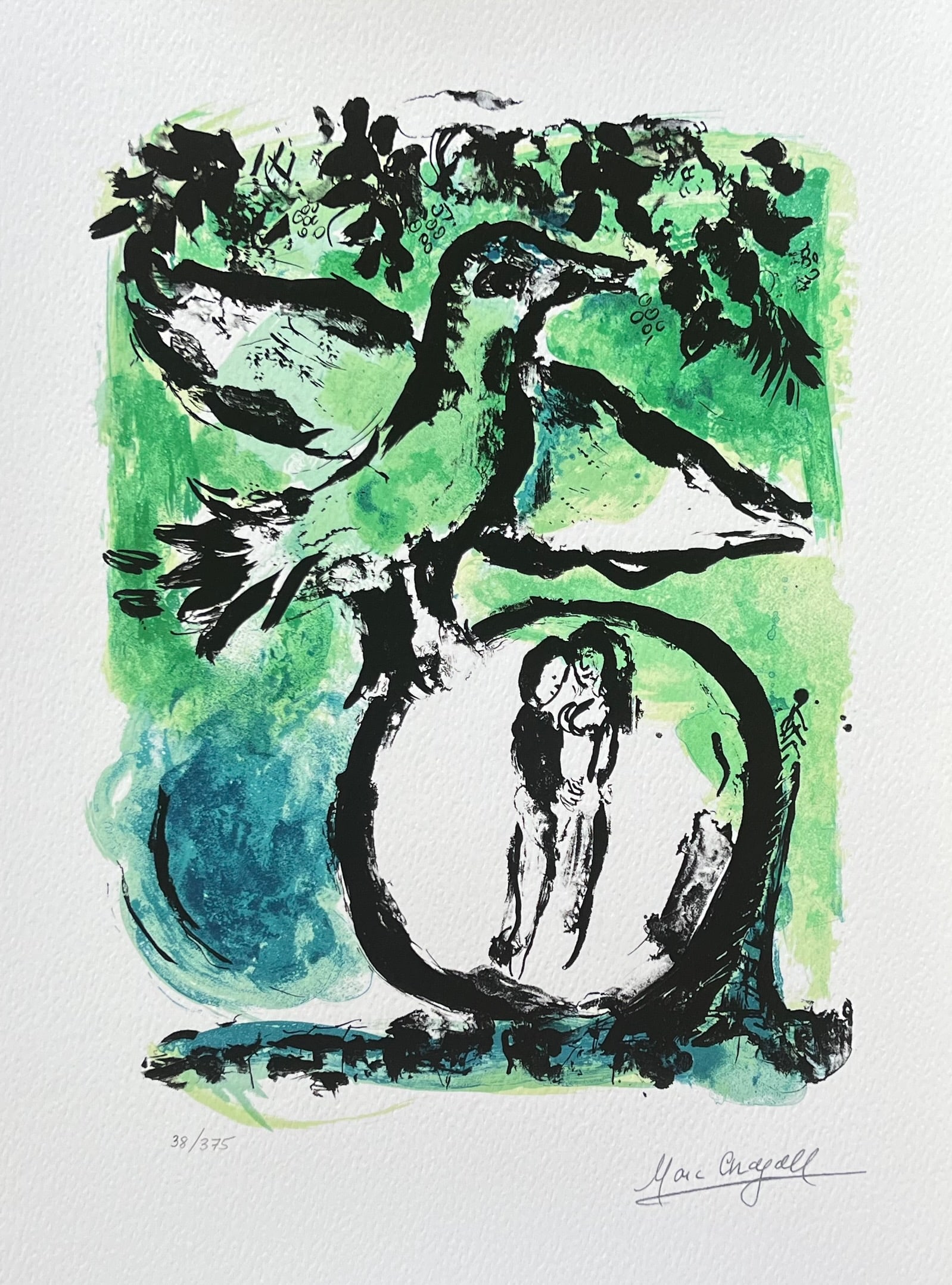 Marc Chagall GREEN BIRD Facsimile Signed Limited Edition Giclee: This is a Marc Chagall limited edition giclee titled Green Bird. This subject is facsimile signed which means it has a copy of Chagalls signature. Numbered from a limited edition of 375. Image measure