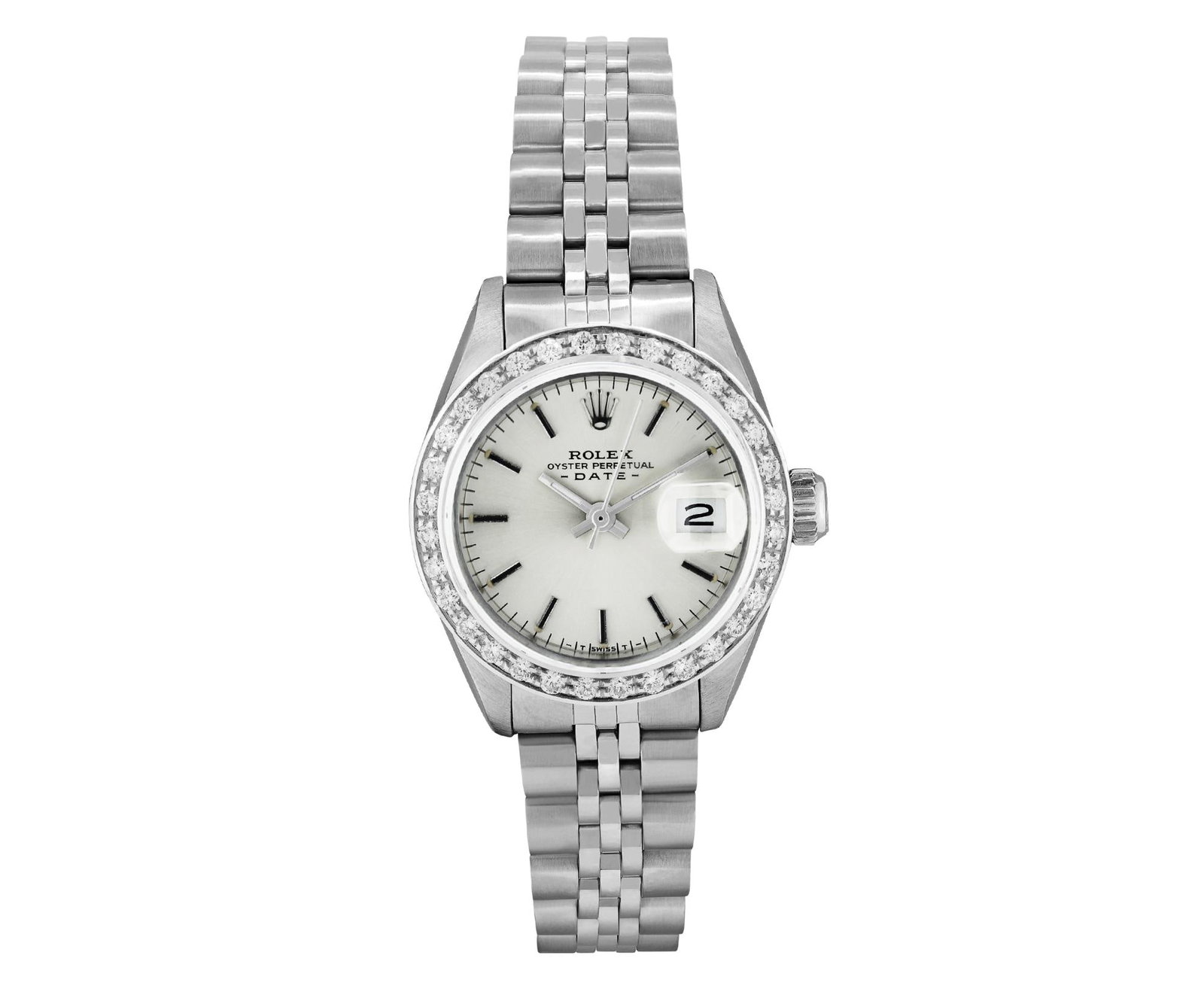 Rolex Ladies Stainless Steel Diamond Bezel Date Watch: This Lady Rolex Date watch features a silver dial with index hour markers and a custom sapphire crystal, with a magnified date window. The timepiece has custom 18K white gold diamond bezel, set with g