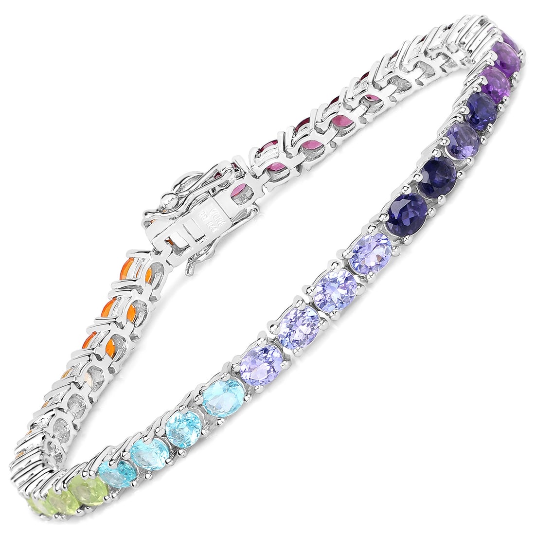 Plated Rhodium 12.04ctw Multi Color Gemstone Bracelet: 12.04 Carat Genuine Multi Stone .925 Sterling Silver Bracelet. Amethyst Oval/5x4mm - 4/1.36 ctw Natural Not Treated E + Peridot Oval/5x4mm - 4/1.40 ctw Natural Not Treated N + Citrine Oval/5x4mm - 4/1