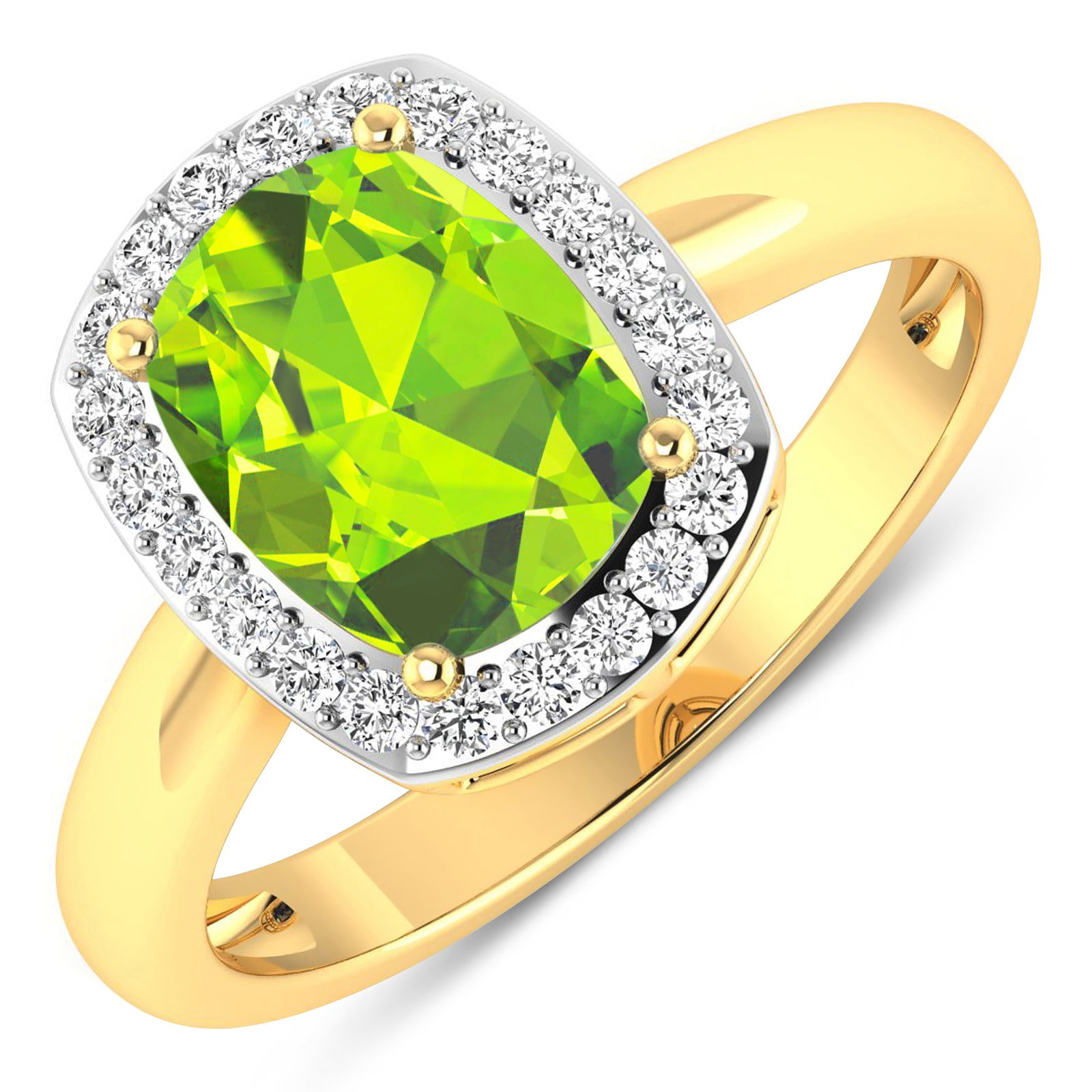 14KT Yellow Gold 2ctw Peridot and Diamond Ring: Peridot Cushion 9x7mm - 1Pc + White Diamond F/C Round 1.30mm - 22Pcs ( White Pan Rhodium ) ( SI2/HI color ) Total weight of gemstone is 2cts. Total Diamond weight is 0.22cts. Total weight of this ring
