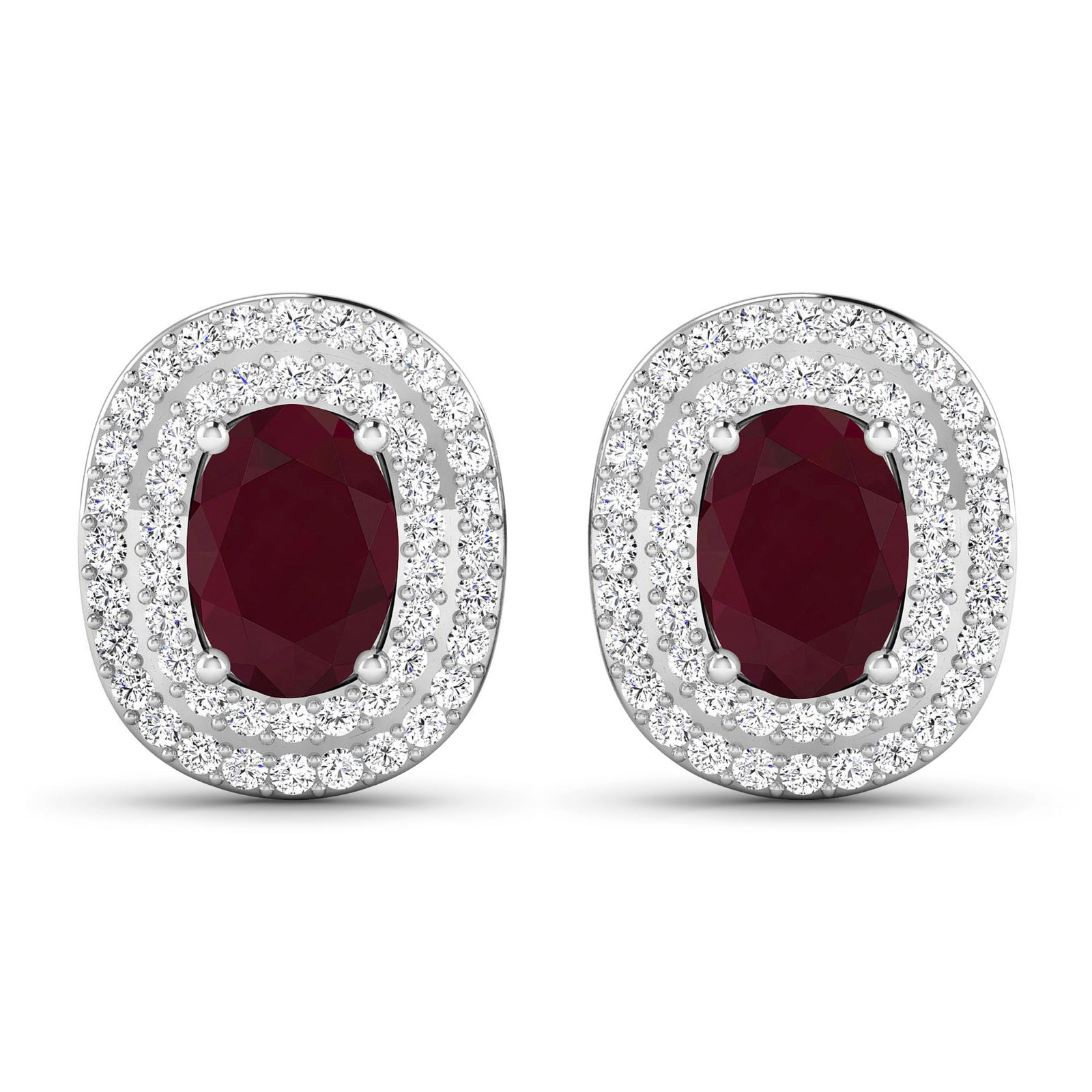 14KT White Gold 1.7ctw Ruby and Diamond Earrings: Ruby (AA) Oval 7x5mm - 2Pcs + White Diamond F/C Round 1.00mm - 100Pcs (I1-I2/I color) ( Push Post ) Total weight of gemstones is 1.7cts. Total Diamond weight is 0.45cts. Total weight of these earrings