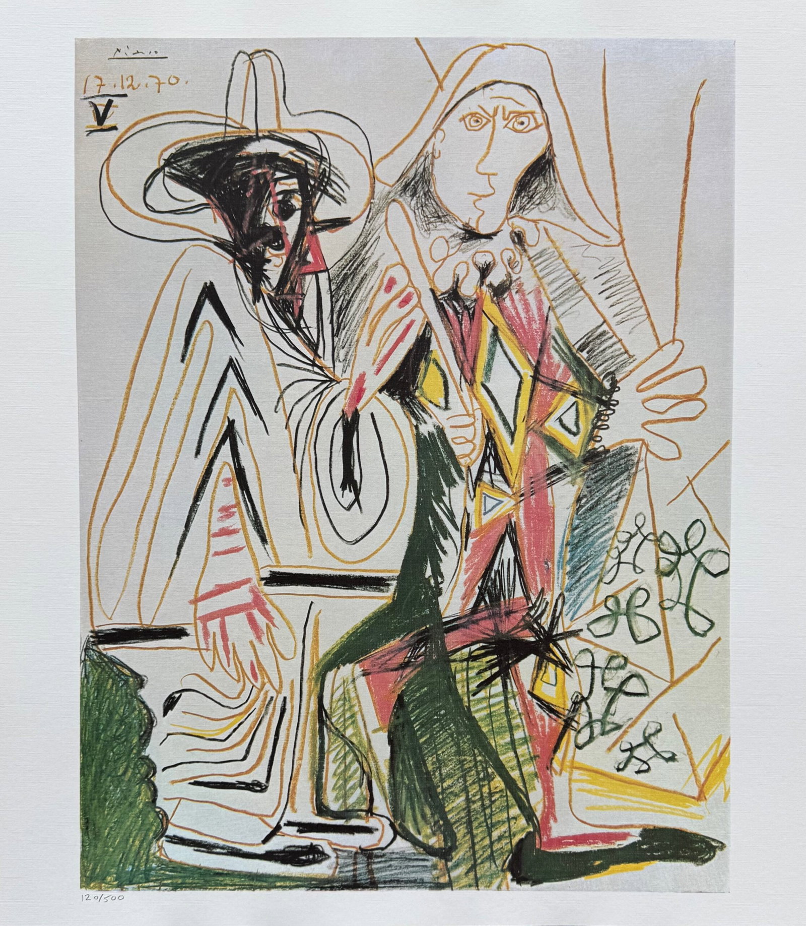 Pablo Picasso 1972 Facsimile Signed Limited Edition Lithograph CLOWN & HARLEQUIN: This is a 1972 Pablo Picasso lithograph titled Clown and Harlequin. This subject is signed in the plate which means that it has a copy of Picasso’s signature on it. Pencil numbered from a limited ed