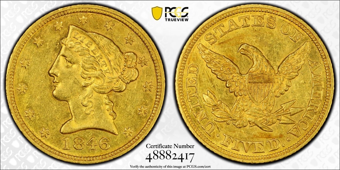 1846 $5 Liberty Head Half Dollar Gold Coin PCGS AU58 (1 of 3)