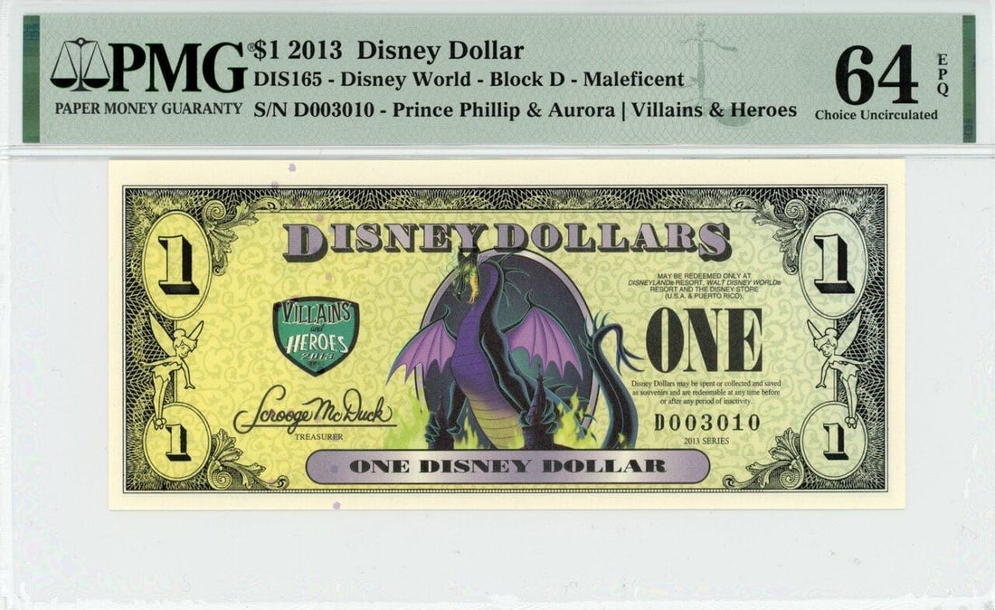 2013 $1 Maleficent Disney Dollar PMG 64EPQ: One 2013 $1 Maleficent Disney Dollar PMG 64EPQ.