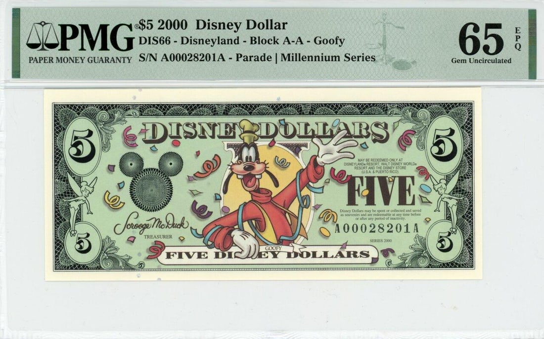 2000 $5 Goofy Millennium Disney Dollar PMG 65EPQ: One 2000 $5 Goofy Millennium Disney Dollar PMG 65EPQ.