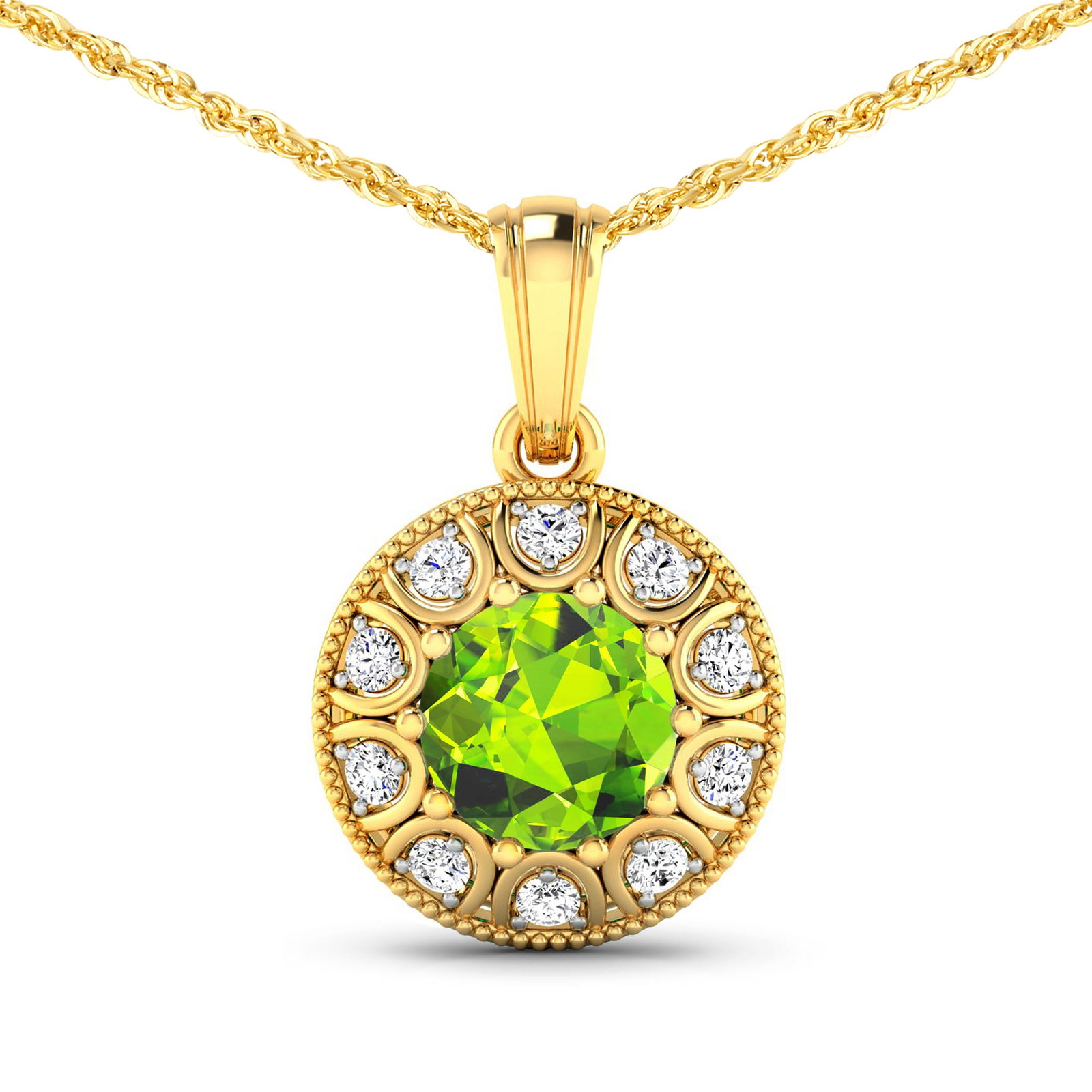 14KT Yellow Gold 1.85ctw Peridot and Diamond Pendant: Peridot Round 8.00mm - 1Pc + White Diamond F/C Round 2.00mm - 10Pcs ( White Pan Rhodium ) ( SI-2/HI ) Total weight of gemstone is 1.85cts. Total Diamond weight is 0.3cts. Total weight of this pendant