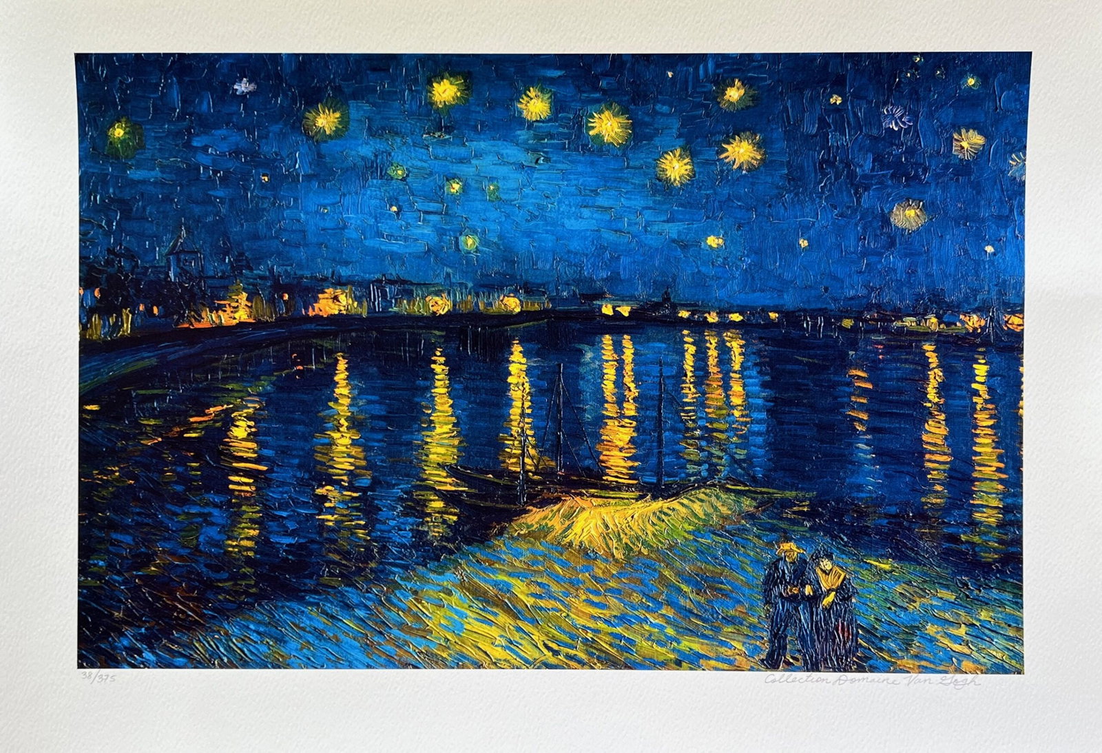 Vincent Van Gogh STARLIGHT OVER RHONE Estate Signed Limited Edition Giclee: This is a VINCENT VAN GOGH (ESTATE COLLECTION DOMAINE) reproduction giclee titled STARLIGHT OVER RHONE. This piece is pencil signed on the lower right as Collection Domaine Van Gogh and has an embosse