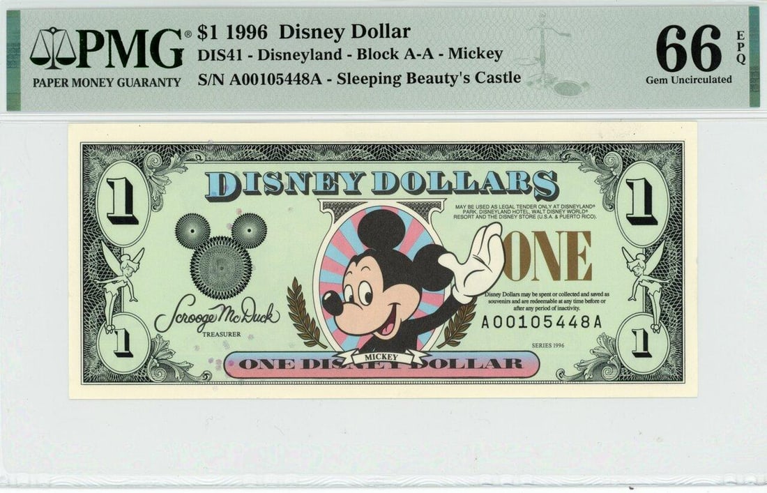 1996 $1 Mickey Disney Dollar PMG 66EPQ (1 of 2)