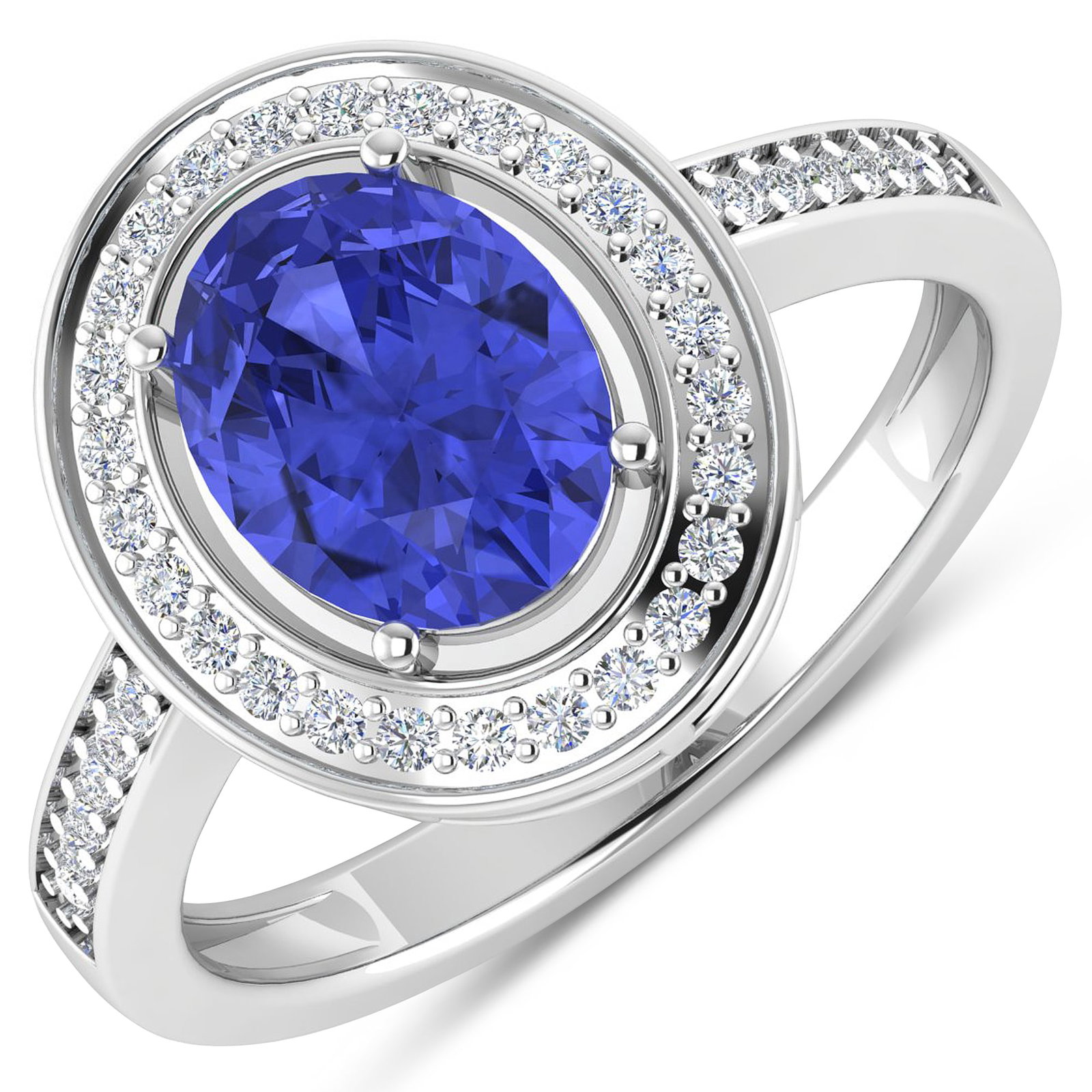 14KT White Gold 1.41ctw Tanzanite and Diamond Ring: Tanzanite (AA+) Oval 9x7mm - 1Pc + White Diamond F/C Round 1.10mm - 26Pcs + White Diamond F/C Round 1.00mm - 12Pcs (I1-I2/I color) Total weight of gemstone is 1.41cts. Total Diamond weight is 0.22cts.