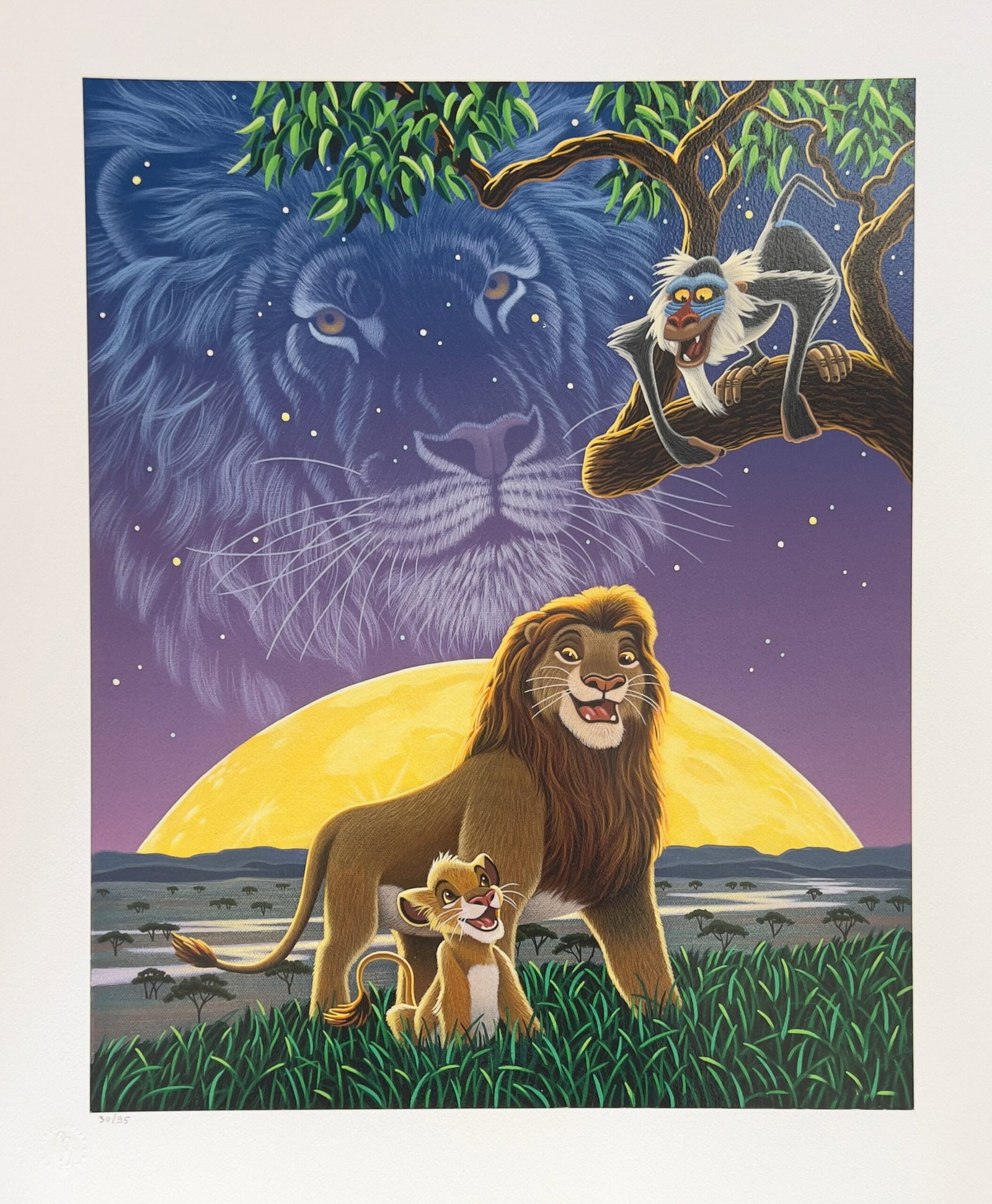 Disney LION KING Limited Edition Serigraph by William Schimmel: This is a Disney serigraph of Simba, Mufasa and Rafiki from THE LION KING by William Schimmel. This piece is numbered from an edition of 95. This piece comes-unsigned. Image measures: 22.5 inches x 18