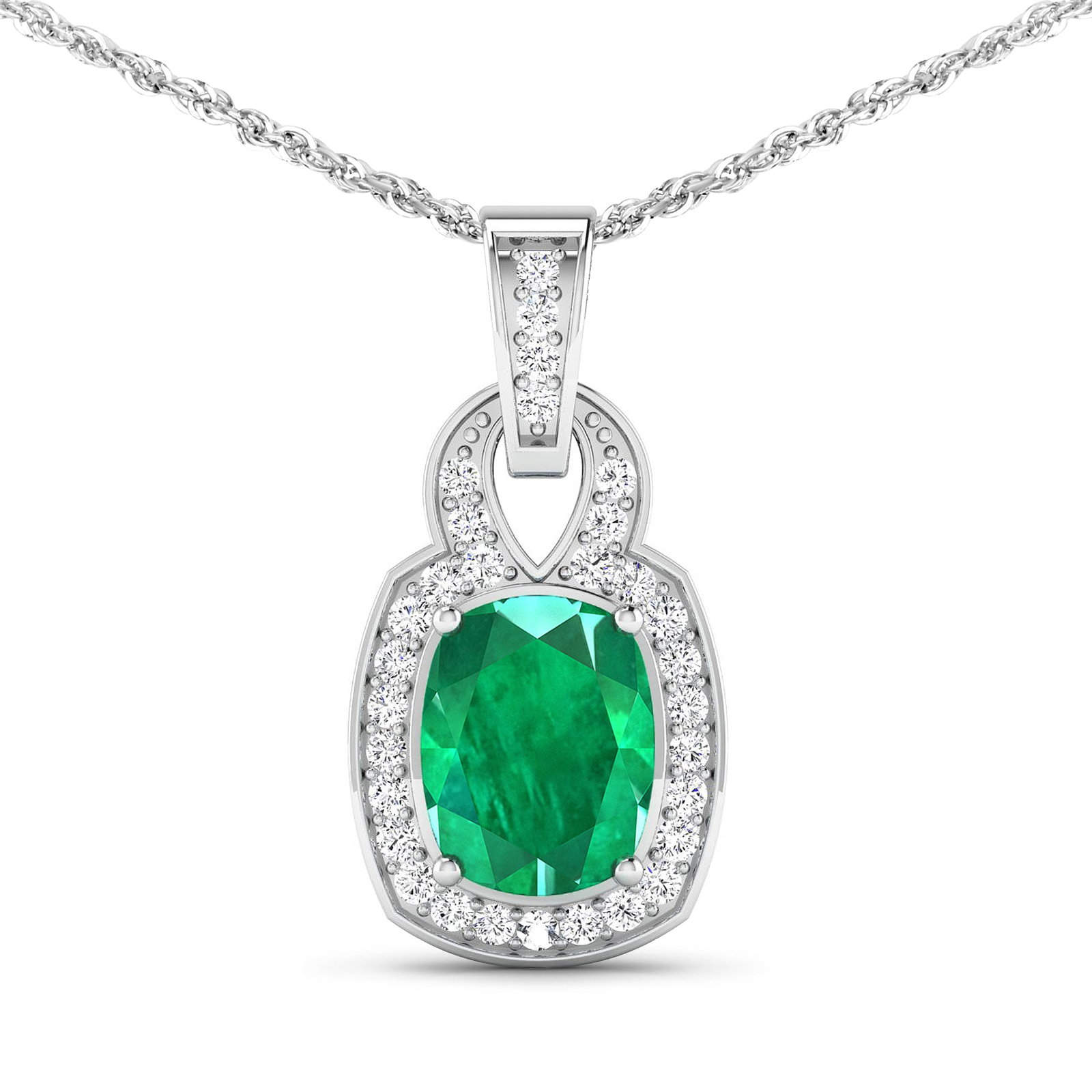 14KT White Gold 1.74ctw Zambian Emerald and Diamond Pendant: Zambian Emerald (AA) Cushion 9x7mm - 1Pc + White Diamond F/C Round 1.20mm - 31Pcs ( SI2/HI color ) Total weight of gemstone is 1.74cts. Total Diamond weight is 0.25cts. Total weight of this pendant is