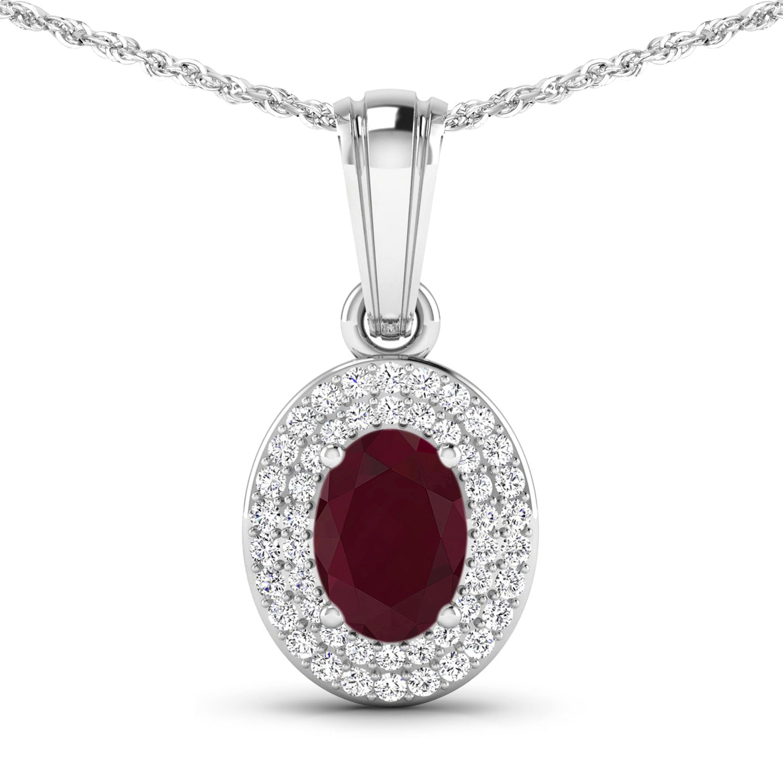 14KT White Gold 0.85ctw Ruby and Diamond Pendant: Ruby (AA) Oval 7x5mm - 1Pc + White Diamond F/C Round 0.90mm - 48Pcs (I1-I2/I color) Total weight of gemstone is 0.85cts. Total Diamond weight is 0.16cts. Total weight of this pendant is 1.45 grams.
