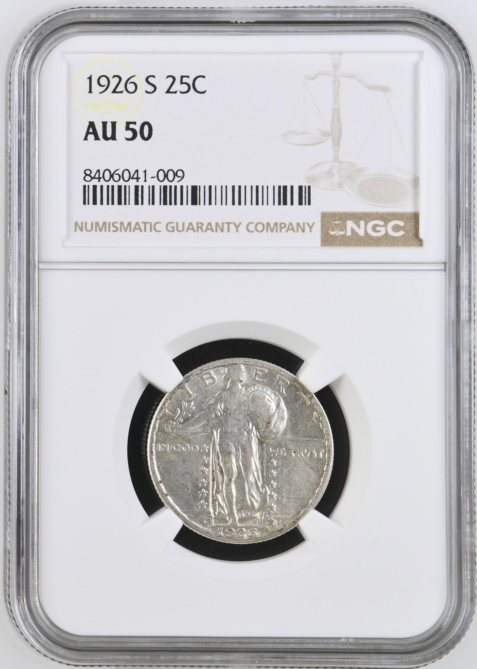1926-S Standing Liberty Quarter NGC AU50: One 1926-S Standing Liberty Quarter NGC AU50.