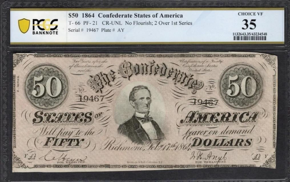1864 $50 T-66 Confederate PCGS 35 (1 of 2)