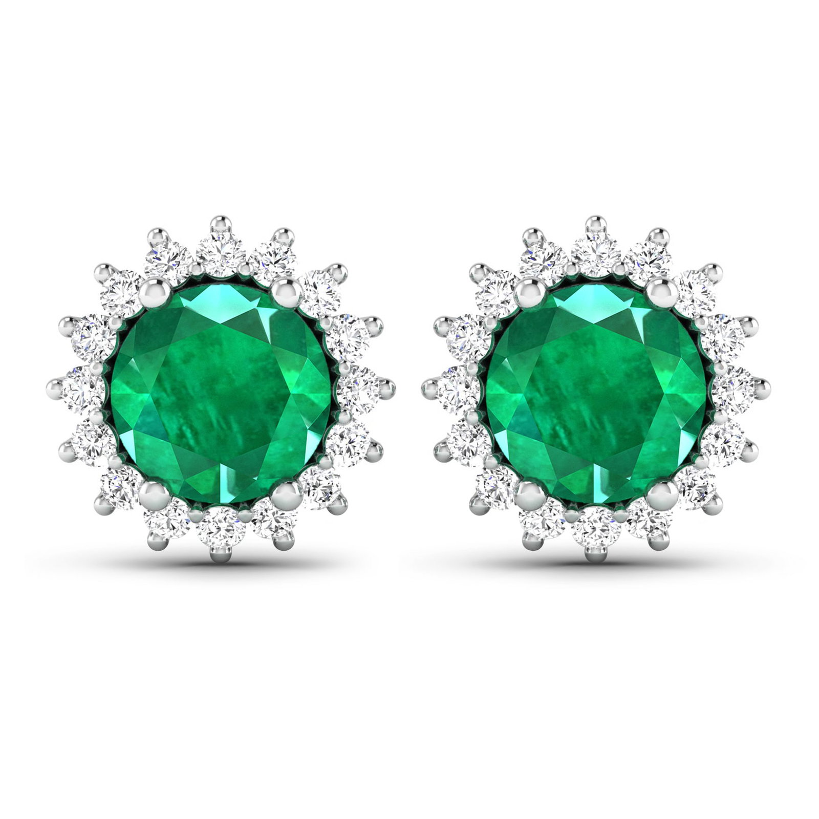 14KT White Gold 1.36ctw Zambian Emerald and Diamond Earrings: Zambian Emerald (AA) Round 6.00mm - 2Pcs + White Diamond F/C Round 1.30mm - 32Pcs ( Push-Post ) ( I1-I2/I color ) Total weight of gemstones is 1.36cts. Total Diamond weight is 0.32cts. Total weight of