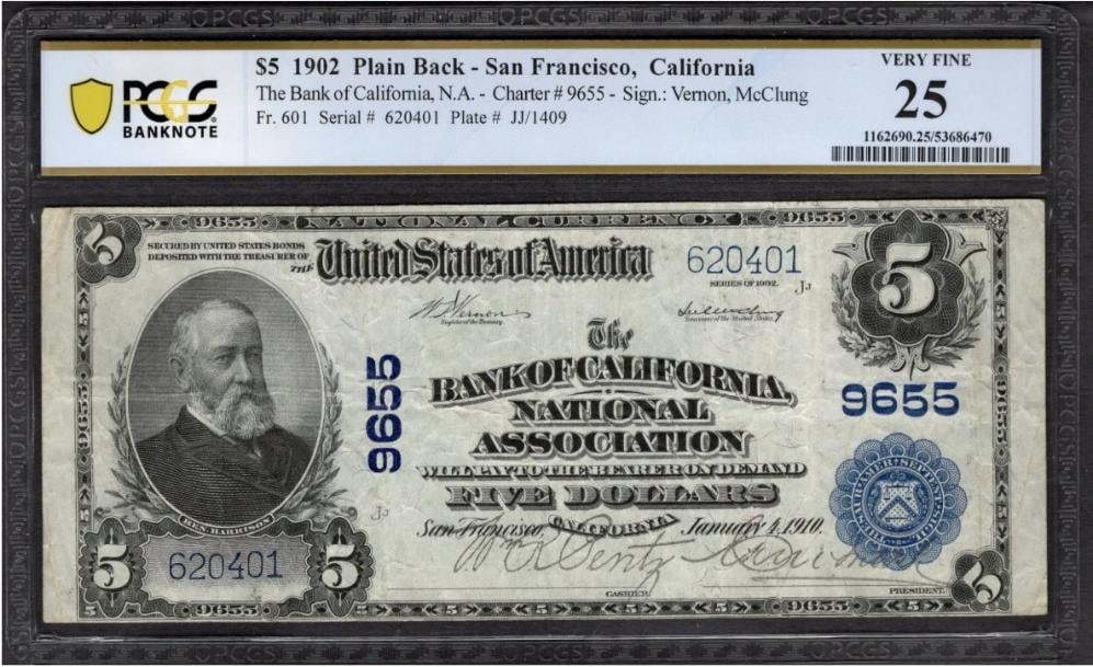 1902 $5 San Francisco CA National PCGS 25: One 1902 $5 San Francisco CA National PCGS 25.