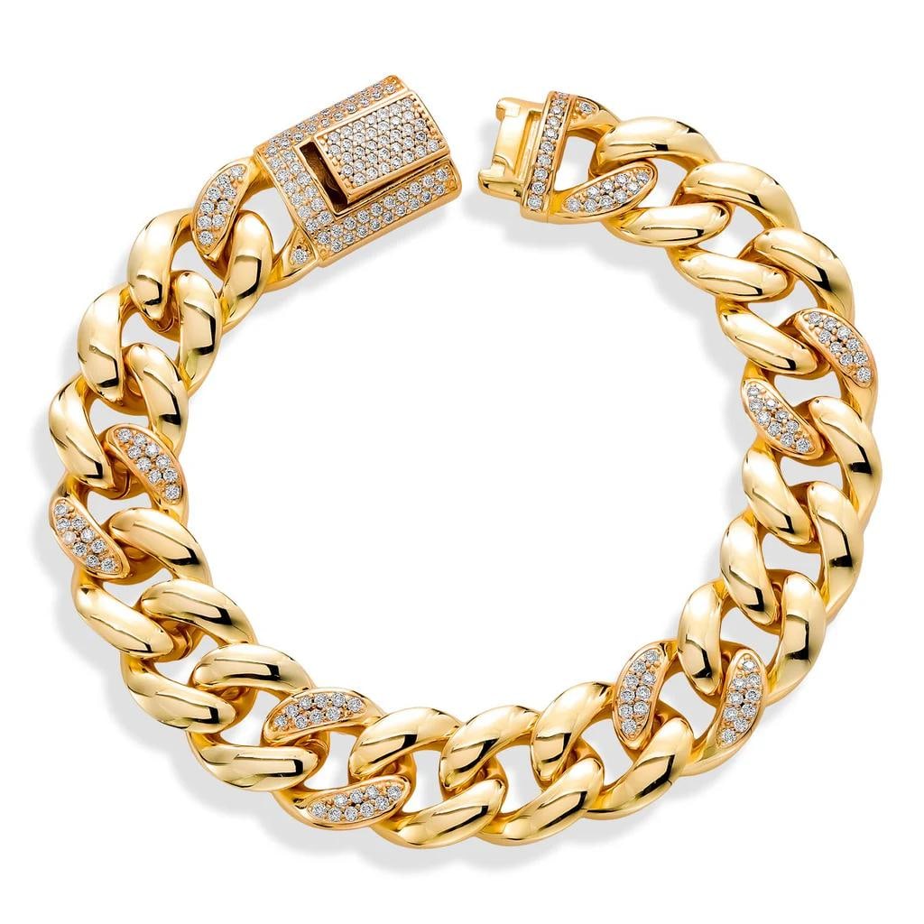 Plated 18KT Yellow Gold Curb Link Chain Moissanite Bracelet: Gold?plated curb bracelet measuring 177 × 13 mm, designed in a 7?inch length with a sleek profile and secure box?with?tongue clasp. The piece features pavé?set stones totaling 1.64 cttw, adding cont