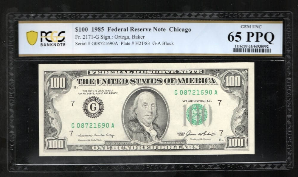 1985 $100 Chicago FRN PCGS 65PPQ (1 of 2)