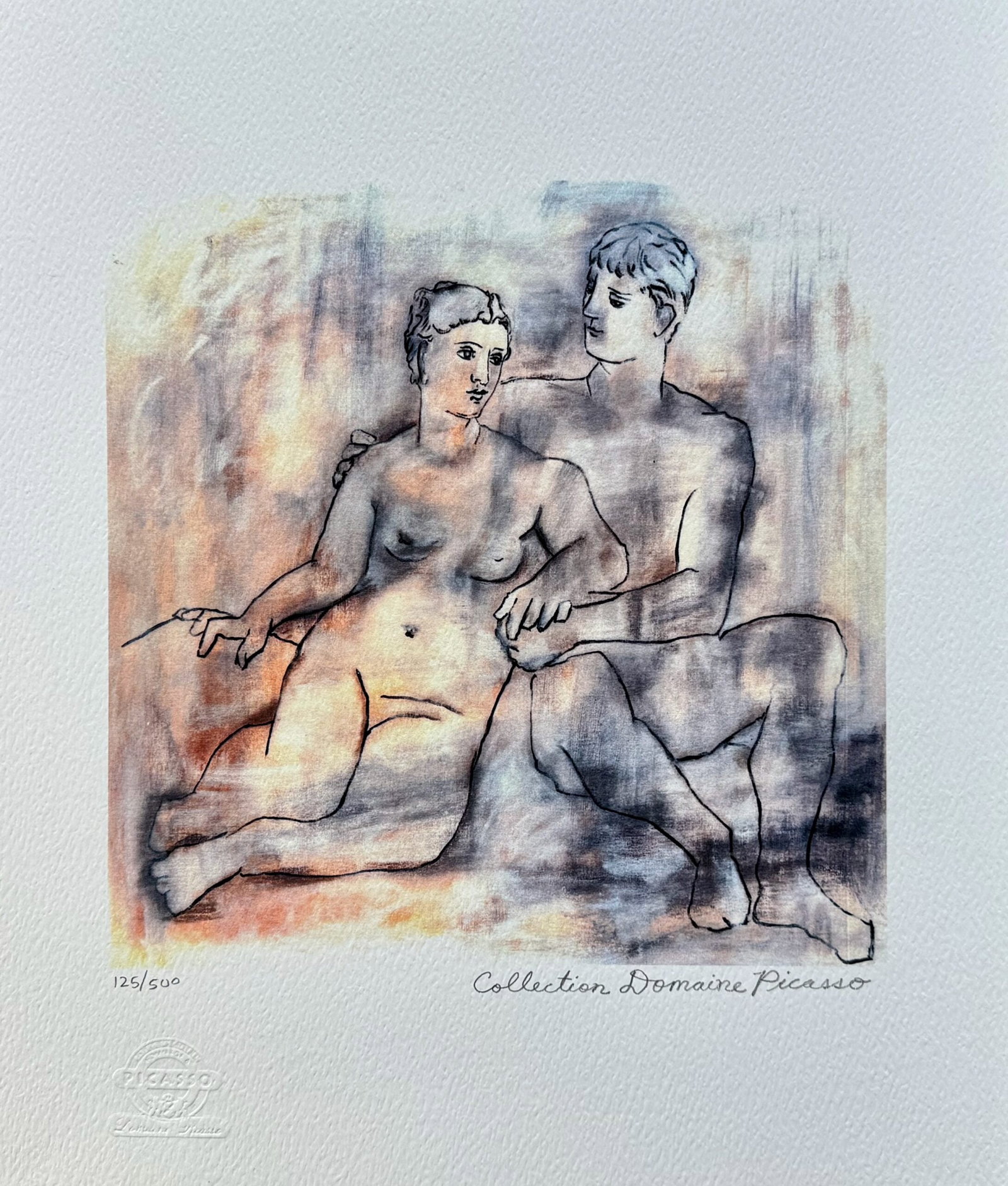 Pablo Picasso LOVERS Estate Signed Limited Edition Giclee: This is a PABLO PICASSO (ESTATE COLLECTION DOMAINE) (1881-1973) small giclee titled THE LOVERS. This piece is pencil signed on the lower right as Collection Domaine Picasso and has an embossed seal st