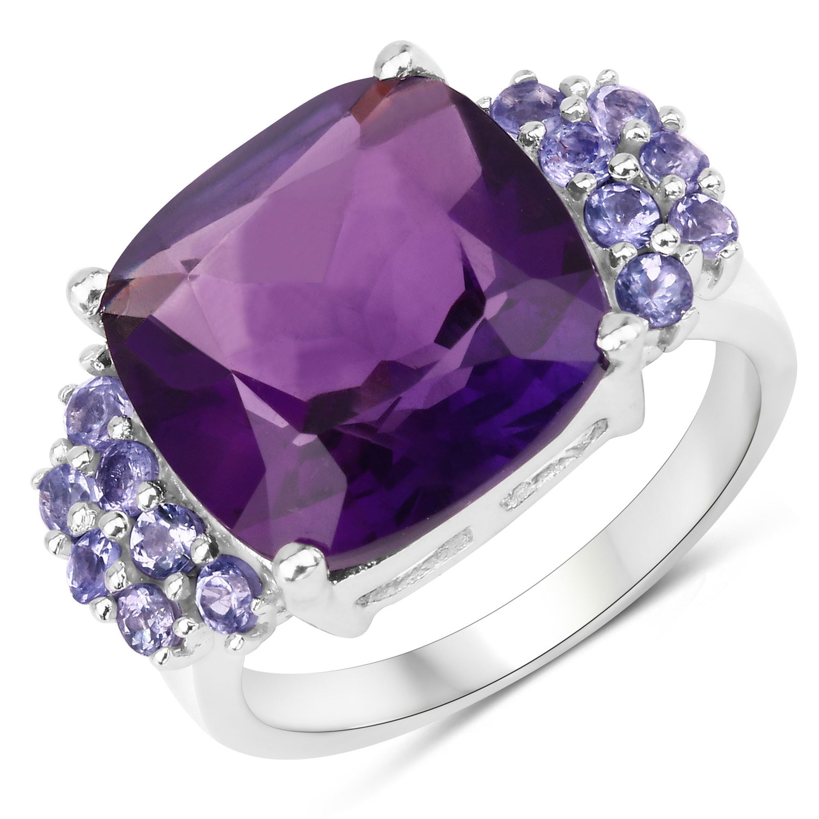 Plated Rhodium 5.85ct Amethyst and Tanzanite Ring: 6.34 Carat Genuine Amethyst and Tanzanite.925 Sterling Silver Ring. Amethyst Cushion/12.00mm - 1/5.85 ctw Prong Setting Natural Not Treated E + Tanzanite Round/1.90mm - 14/0.49 ctw Natural Heat Treate