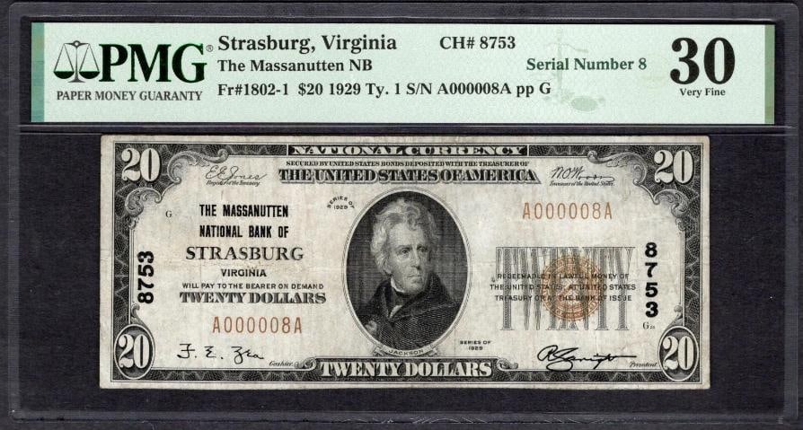 1929 $20 Serial 8 Strasburg VA National PMG 30 (1 of 2)