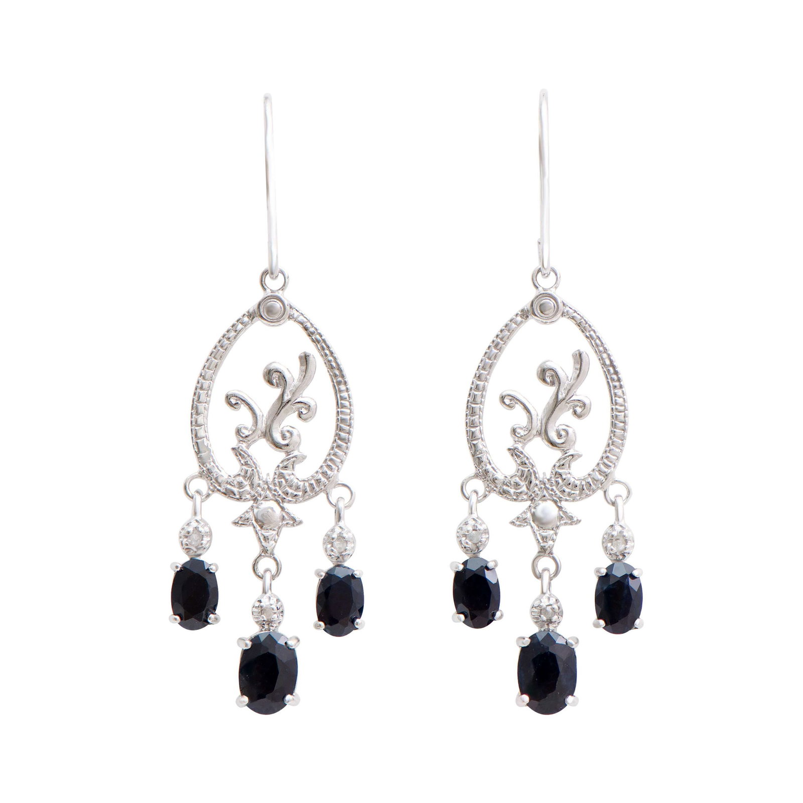 Plated Rhodium and Sterling Silver 4.40ctw Sapphire Earrings: (2) Sapphires with a total weight of 2.05cts. (4) Sapphires with a total weight of 2.35cts.(6) round Diamonds with a total weight of 0.06cts with a color of H-I and clarity of i3. Total weight of thes
