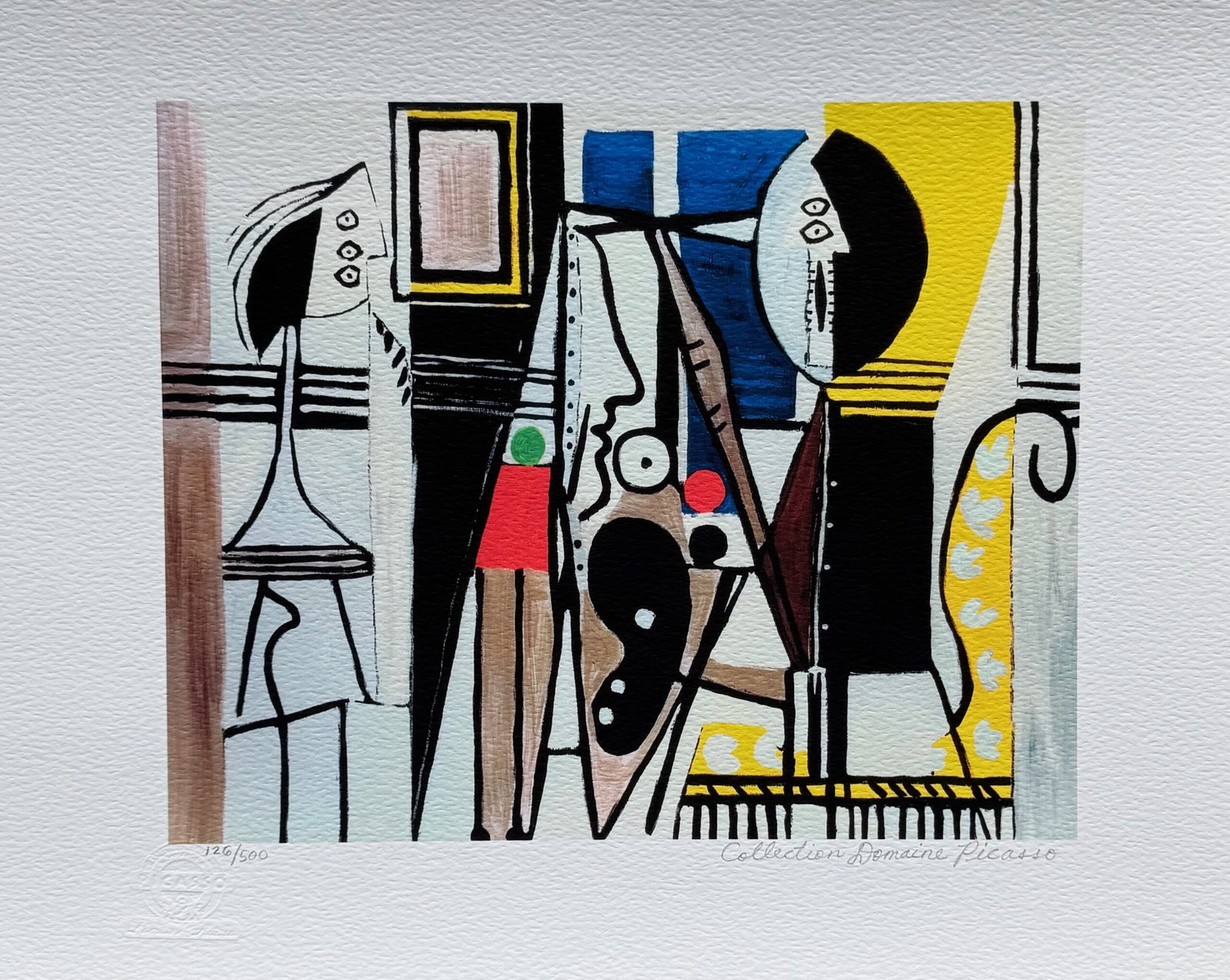Pablo Picasso PAINTER IN THE STUDIO Estate Signed Giclee: This is a PABLO PICASSO (ESTATE COLLECTION DOMAINE) (1881-1973) giclee titled PAINTER IN THE STUDIO. This piece is pencil hand signed on the lower right as Collection Domaine Picasso and has an emboss