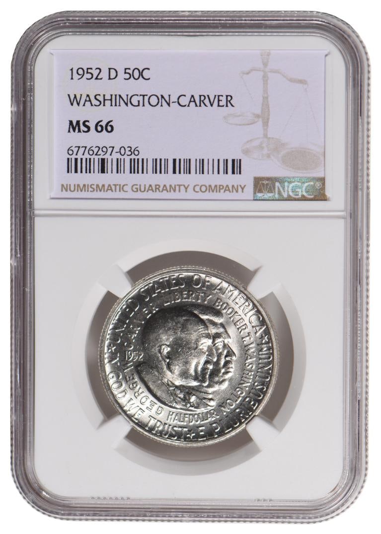 1952-D Washington Carver Commemorative Half Dollar NGC MS66: One 1952-D Washington Carver Commemorative Half Dollar NGC MS66.