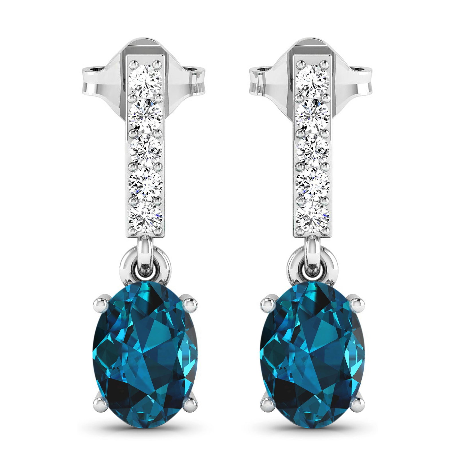 14KT White Gold 1.4ctw London Blue Topaz and Diamond Earrings: London Blue Topaz Oval 7x5mm - 2Pcs + White Diamond F/C Round 1.50mm - 10Pcs ( Push-Post ) (I1-I2/I color) Total weight of gemstones is 1.4cts. Total Diamond weight is 0.14cts. Total weight of these e