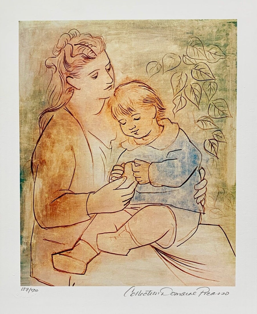 Pablo Picasso MOTHER AND CHILD Estate Signed Limited Edition Giclee: This is a PABLO PICASSO (ESTATE COLLECTION DOMAINE) (1881-1973) small giclee titled MOTHER AND CHILD. This piece is pencil signed on the lower right as Collection Domaine Picasso and has an embossed s